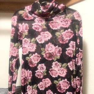 Long sleeve sheer cowl neck rose top